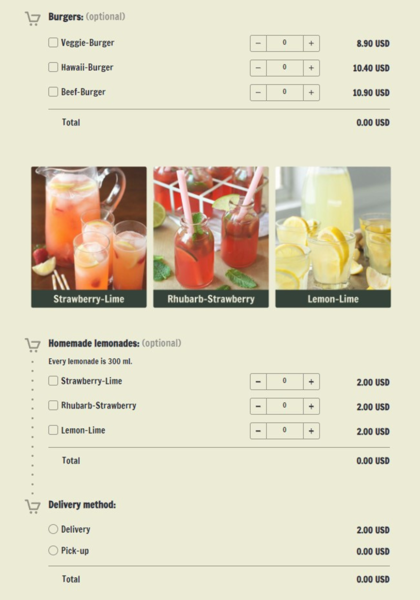 Very simple online shop with multiple product categories and payment collection, created in AidaForm.