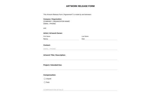 Artwork Release Form