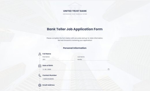 Bank Teller Job Application Form
