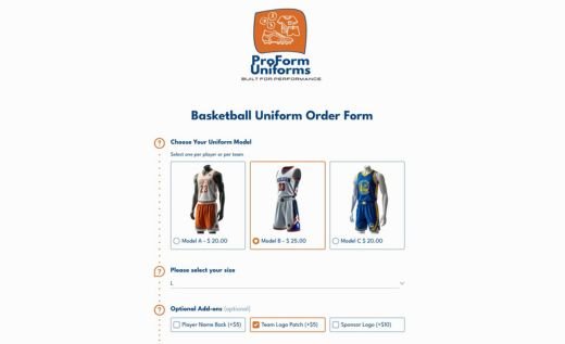 Basketball Uniform Order Form
