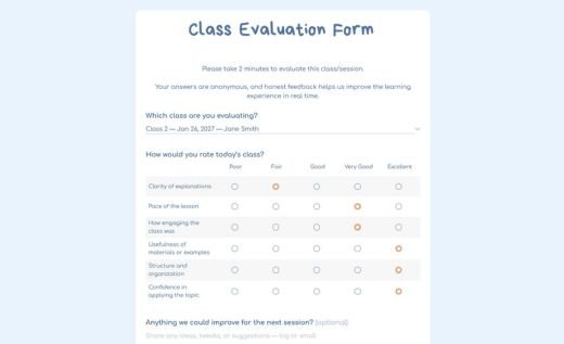 Class Evaluation Form