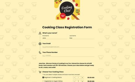 Cooking Class Registration Form
