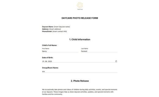 Daycare Photo Release Form