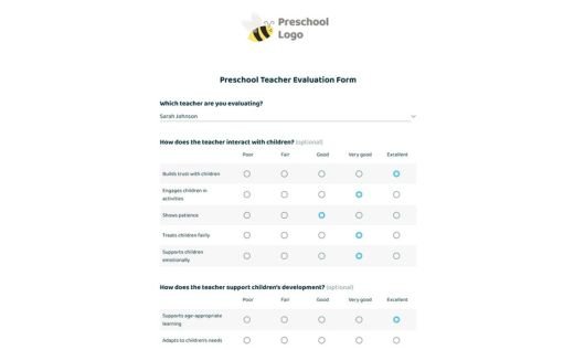 Preschool Teacher Evaluation Form