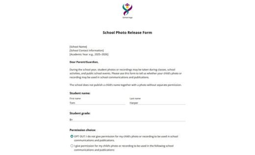 School Photo Release Form